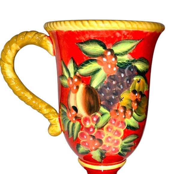 Raymond Waites Tuscany Red Pedestal Mugs Ceramic Gold Rim Fruit Pattern Set of 4 - Picture 4 of 6